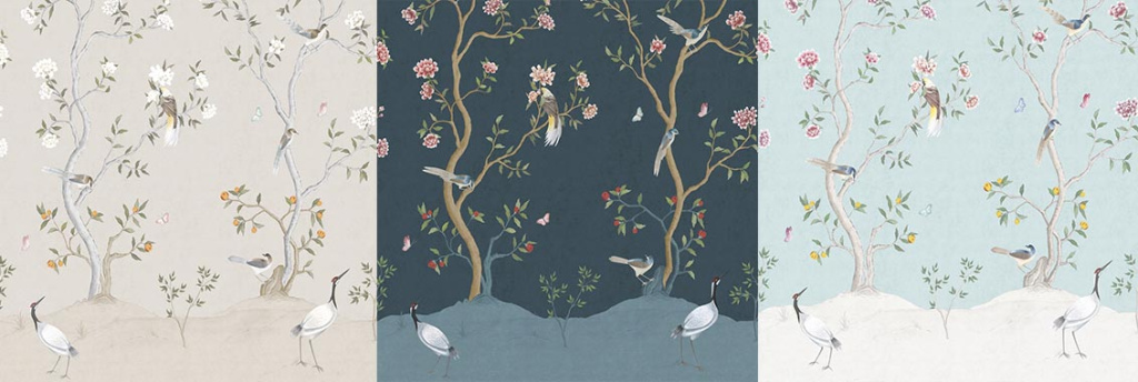 Chinoiserie mural Сюжет воспевает красоту стиля шинуазри, утонченный ботанический сюжет, дополненный образами птиц, с эффектом художественной росписи подчеркнут нежными цветовыми вариациями.